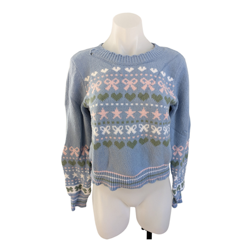 Love Shack Fancy Large Fair Isle Sweater Blue Pink Cotton Blend Long Sleeves